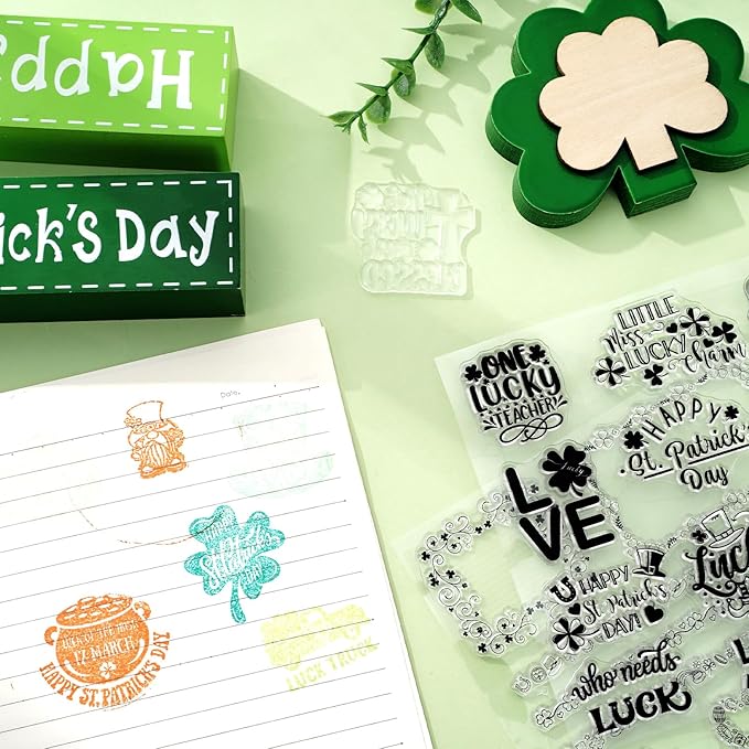 Whaline 5 Sheet St. Patrick's Day Clear Stamps Wreath Shamrock Lucky Words Silicone Transparent Stamps Border Stamp Cards for Irish DIY Crafts Card Making Scrapbooking Embossing Album Decor