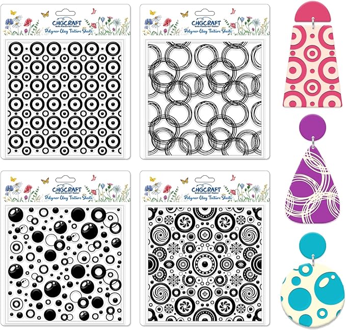 CHGCRAFT 4 Pcs Looped Circles Polymer Clay Texture Sheets Artistic Dots Silicone Texture Stamp Circular Style Modeling Pattern Pad Sheets for Jewelry and Earrings Tools, 5.5x5.5 inch