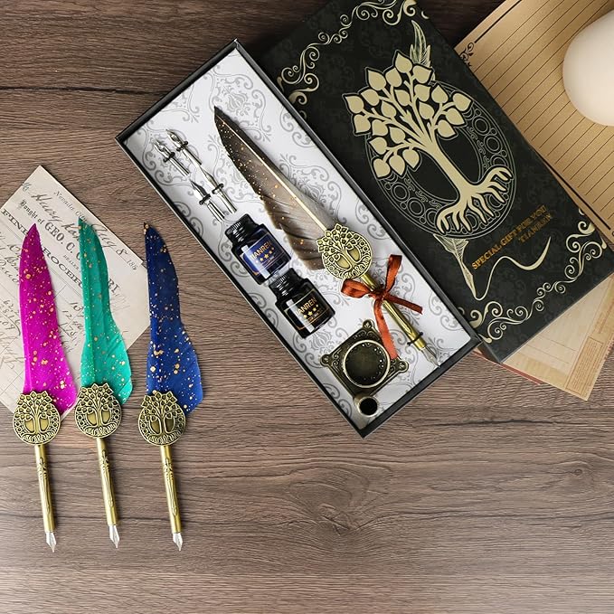 Feather Pen and Ink Set,quill pen ink set,Antique Calligraphy Pen with 4 Replaceable Nibs,2 Bottle of ink,Pen Holder Christmas Gift for Men&Women.(Gray)
