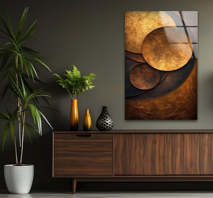 My Photostation.com 40WX60H'' Bronze Art Deco Geometric Motifs Glass Wall Art Tempered Glass Printing Wall Decor Large Wall Art Wall Hangings
