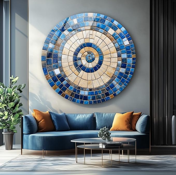 My Photostation.com 27.5''(70cm) Diameter Coastal Sunburst Beige & Blue Round Glass Wall Art Tempered Glass Printing Wall Decor Large Wall Art Wall Hangings