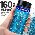 LEOBRO Blue Glitter, 160G/5.64OZ Holographic Chunky Glitter for Crafts, Resin, Body Nail, DIY Decorations, Light Blue
