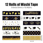 12 Rolls Graduation Washi Tape, Black Foil Gold Congrats Grad Masking Tapes, Congratulations Grad Cap Decorative Paper Stickers for Graduation Scrapbook Gift Wrapping DIY Art Crafts 16.4FT