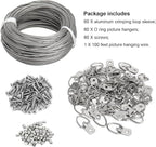 Picture Hanging Wire Kit, 100 FT Braided Hanging Wire, 60pcs D Ring Picture Hangers , 60pcs Aluminum Crimping Loop Sleeve, 60pcs Screws, for Hanging Pictures Painting Hanging Kit Photo Frames