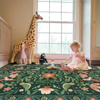 Morebes Green Boho 8x10 Area Rugs for Living Room, Washable Floral Rug for Bedroom Non Slip, Soft Ultra-Thin Distressed Flower Birds Indoor Carpet for Farmhouse Classroom Kids Nursery