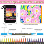 144 Colors Dual Tip Acrylic Paint Markers，Waterproof, Non-Toxic, Odorless Acrylic Markers Pens，Paint Pens & Paint Markers for Rock, Wood, Glass, Stone, Canvas, Ceramic, Fabric and Paper Painting