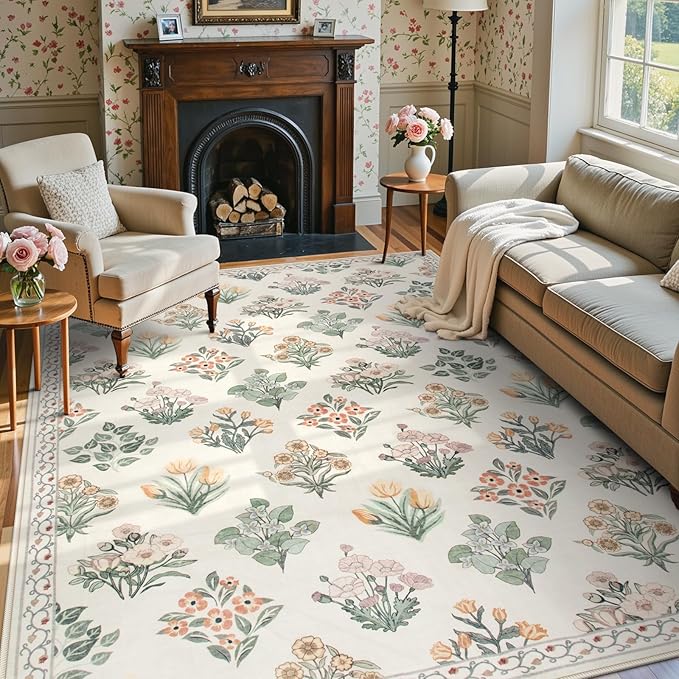 Wonnitar Nursery Rug for Baby Girl, Washable Moroccan Floral 5x7 Rug, Ultra-Thin Non Slip Neutral Flower Print Carpet for Living Room Kids Room Dorm Home Decor, Cream Beige