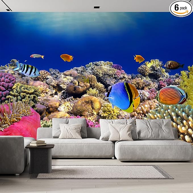wall26 Removable Wall Sticker/Wall Mural Tropical Blue Fish Coral Reef Ocean Seascape Nature Wilderness Photography Realism Nautical Landscape Decorative for Living Room, Bedroom, Office - 100"x144"