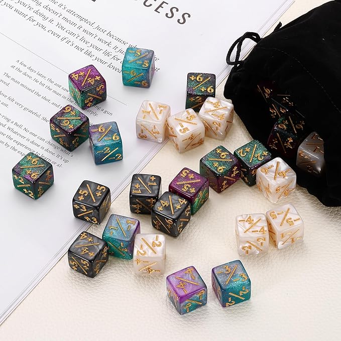 uxcell 48Pcs Magic Dice Counters, Acrylic D6 Life Token Dice Set with Pouch for Standard Cards Gaming Accessories, White, Black, Green & Purple, Blue & Purple