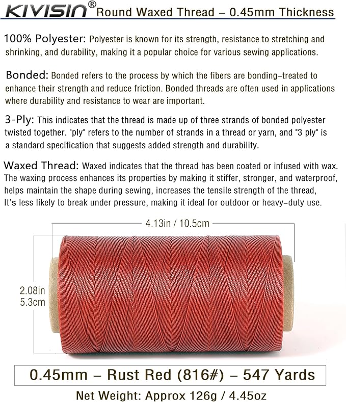 Thin Wax Polyester Thread, 0.45mm, 547 Yards, 3 Ply Round Waxed Cord Strings for Sewing, Beading, Binding, Micro Braiding, Fine Leather Craft and Micro Macrame Jewelry - Rust Red