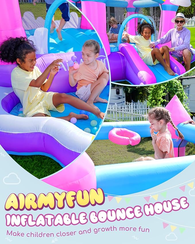 AirMyFun Pink Indoor/Outdoor Inflatable Bounce House for Kids 3-8 - Bouncy Castle with Slide, Blower, Water Pool & Ball Pit