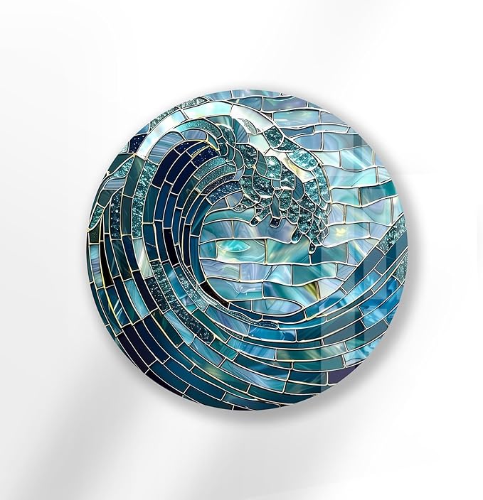 My Photostation.com 20''(50cm) Diameter Ocean Wave in Blue Mosaic Round Glass Wall Art Tempered Glass Printing Wall Decor Large Wall Art Wall Hangings