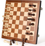 Magnetic Wooden Chess Set 15" Unique Chess Board Game with Chess Pieces Storage Slots, Tournament Portable Folding Travel Chess Sets for Kids Adults Beginner and Pros, 2 Extra Queens