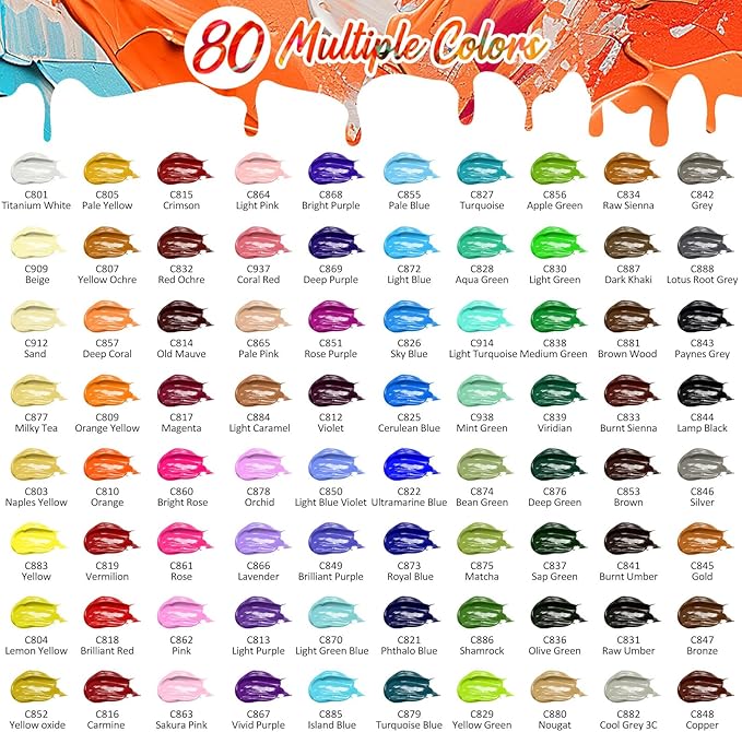 Caliart Acrylic Paint Set, 80 Colors (2oz/Bottle) with 12 Brushes, Art Craft Paints for Adults Artists Beginners Painters, Canvas Halloween Pumpkin Ceramic Wood Fabric Rock Painting Supplies Kit