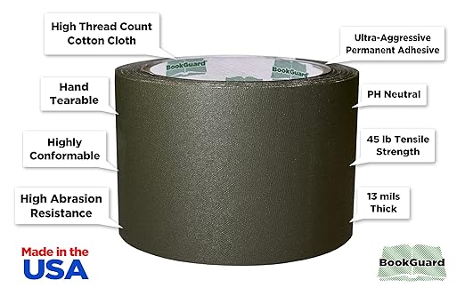 BookGuard 3 inch Premium Bookbinding Repair Cloth Tape, 15 Yard Roll, Olive