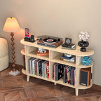 Large Round Record Player Stand with Charging Station & USB Ports，Record Storage Cabinet, Mid Century Modern Turntable Stand for Bedroom Living Room (Oak)
