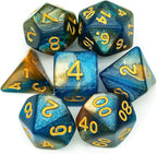 7-Die DND Dice Set Polyhedral Dice Set with a Leather Dice Bag, D&D Dice Set for Dungeons and Dragons, RPG Table Games (Blue Yellow/Glitter)