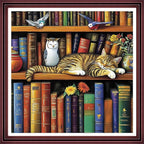 Redxing Stamped Cross Stitch Kits Full Range of Embroidery Starter Kits- Needlepoint Counted Cross Stitch Kits for Beginner Adults 11CT Printed Embroidery Kit-cat Sleeping in on Bookshelf 18x18 inch