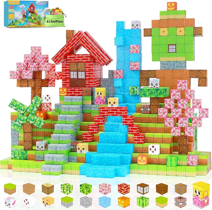 EchoPlan Magnetic Blocks, 100PCS Magnetic Building Blocks to Build a 3D World, STEM Sensory Construction Stacking Magnet Blocks Toy for Kids Ages 3+, Boys and Girls Christmas Birthday Gifts