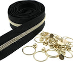 Leekayer #5 Metallic Nylon Coil Zippers by The Yard Bulk 10 Yards Black Zipper Tape with 25pcs Gold Ring Pull Sliders for DIY Sewing Tailor Craft Bag(Black Gold)