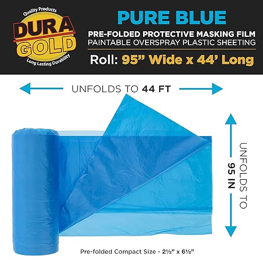 Dura-Gold 95" x 44' Pure Blue Pre-Folded Masking Film - Painters Plastic Roll (0.4 Mil) Pull Down Drop Sheet, Pre-Folded Plastic Sheeting for Painting Protection on Auto, Walls, Furniture