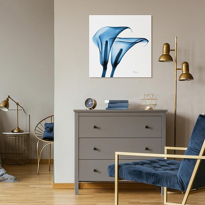 Empire Art Direct Frameless Free Floating Tempered Glass Panel Graphic Wall Art Ready to Hang, 24" x 24", Indigo Calla Lililes, Blue Flower