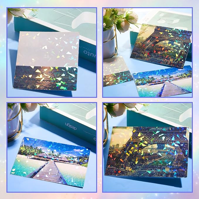 Nezyo 60 Sheets Holographic Laminate Sheets Clear Glitter A4 Size Vinyl Sticker Paper Holographic Overlay Self Adhesive Waterproof Transparent Film, 11.7 x 8.3 Inch (Broken Grass)