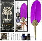 Quill pen ink set,Feather Pen and Ink Set,Antique Calligraphy Pen with 4 Replaceable Nibs,2 Bottle of ink,Feather Dip Pen Holder Christmas Gift for Men&Women.(Purple)
