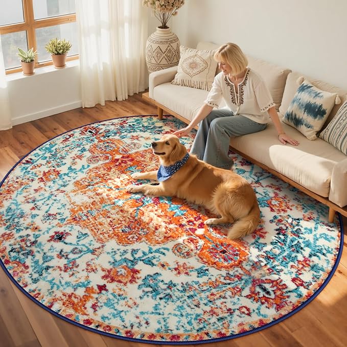 Lahome Bohemian Floral Medallion Round Rug - 6Ft Soft Rug for Living Room Washable Rug for Dining Room, Vintage Faux Wool Non Slip Cute Table Throw Carpet for Coffee Table Nursery Guest Room
