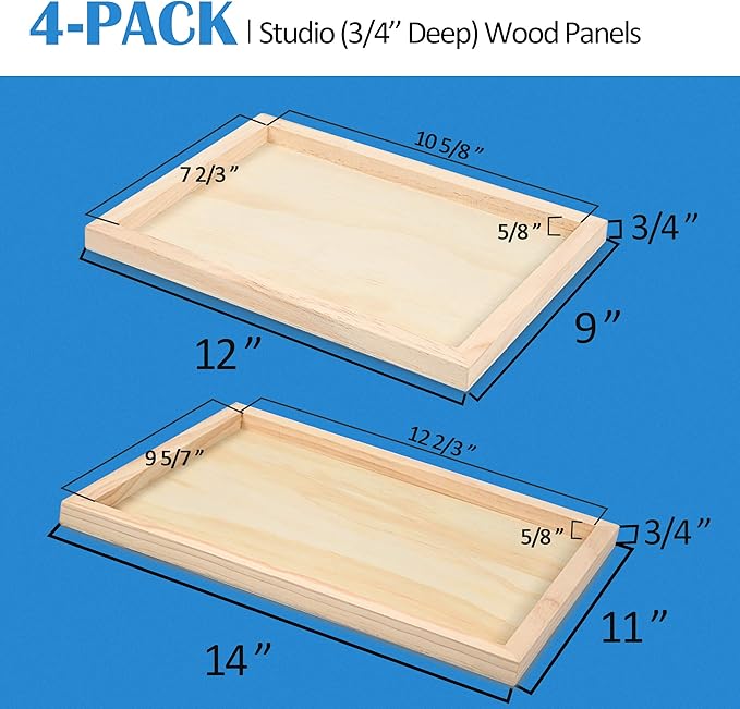 Falling in Art Unfinished Birch Wood Canvas Panels Kit, 4 Pack of 2 Sizes 11x14' and 9x12' Studio 3/4’’ Deep Cradle Boards for Pouring Art, Crafts, Painting, and More