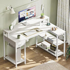 SUPERJARE 47 inch Reversible L Shaped Desk with LED Lights & Power Outlets, Computer Desk with Shelves & Monitor Stand, Gaming Desk with Drawer, Home Office Desk Corner Desk, PU White Drawer