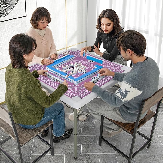 Giantex Folding Mahjong Table, 35" Square Card Table with Cup Holders, Removable Noise Reduction Mat, HDPE Tabletop, 4-Player Portable Domino Tables for Poker Blackjack Board Game (Pink)