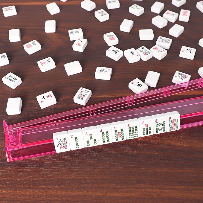 ZGME American Mahjong Set,166 White Tiles with Red Bag and Accessories,4 All-in-One Mahjong Racks with Pushers,Complete Western Mahjong Set