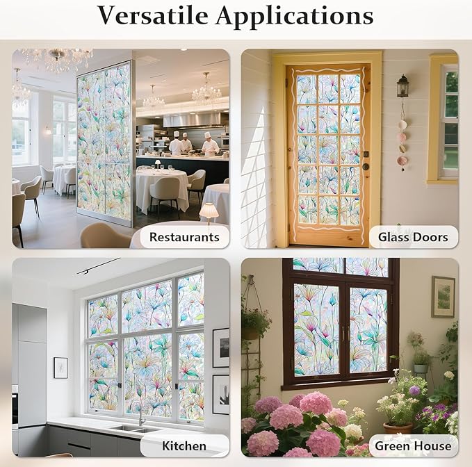 Donox Decorative Window Privacy Film, 3D Floral Stained Glass Window Film Static Cling Rainbow Privacy Sticker for Glass Door Heat Control Anti UV, No Adhesive (Magnolia,23.6 x 78.7 inches)