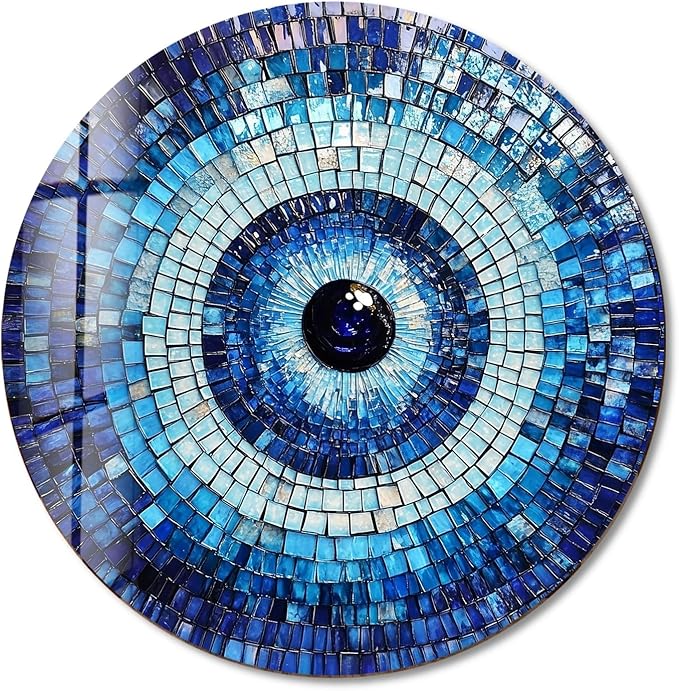 My Photostation.com 39,4''(100cm) Diameter Blue Mosaic Evil Eye Round Glass Wall Art Tempered Glass Printing Wall Decor Large Wall Art Wall Hangings