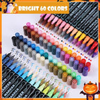 60 Colors Waterproof Dual Tip Acrylic Paint Markers, Dot & Fine Tip Premium Coloring Markers Set for Rock, Glass, Wood, Ceramic Surfaces and DIY Crafts Making Art Supplies