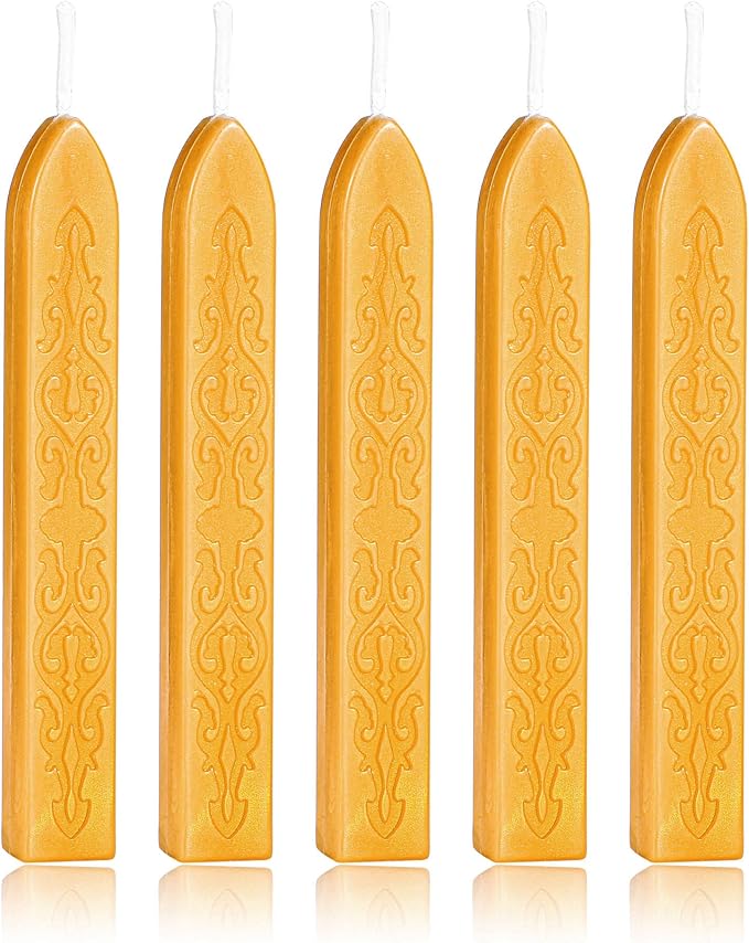 Yoption 5 Pcs Sealing Wax Sticks with Wicks for Wax Seal Stamps, Christmas Cards, Wedding Invitations, Wine Packaging, Gift Wrap, Envelopes (Amber Gold)
