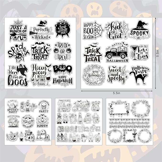 Whaline 5 Sheets Halloween Clear Stamps Gnome Pumpkin Spider Silicone Transparent Stamps Trick or Treat Border Stamp Cards for DIY Card Making Scrapbooking Embossing Album Decor