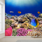 wall26 Wall Sticker/Wall Mural Tropical Blue Fish Coral Reef Ocean Seascape Nature Wilderness, Not Peel and Stick, Non-Woven Wallpaper Decorative for Bedroom, Living Room, Office - 120x168 inches