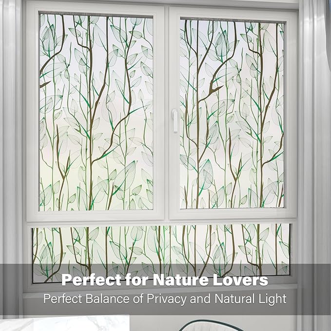 Donox Frosted Glass Window Film Heat Control UV Blocking, Static Cling Reusable Home Bathroom Door Window Privacy Film, Green Leaf Pattern Window Covering with Installation Tool, 35.4 in x 13.1 feet