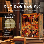 Book Nook Kit - DIY Miniature World Library Booknook - 3D Wooden Puzzle with LED Lights - Creative Bookshelf Insert & Educational Gift for Adults
