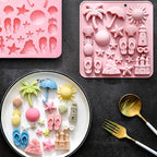 Summer Beach Theme Chocolate Molds, 2PCS Summer Party Fondant Candy Jelly Baking Ice Cube Silicone Molds, Coconut Tree Sun Shell Starfish Marine Cake Decor Mold, Unique Resin Candle Soap Mold