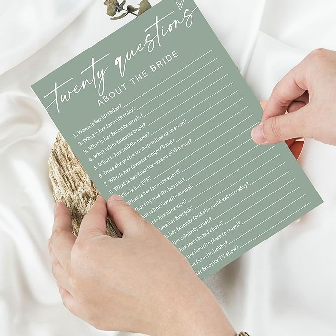 Bridal Shower Games Cards - Twenty Questions About The Bride for 25 Guests, Engagement Party Wedding Game, Minimalist Green Party Supplies - C05