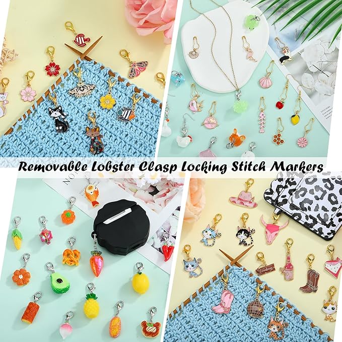 BEEFLYING 16Pcs Cat Stitch Marker Charms for Crocheting and Knitting, 8 Styles Alloy Enemal Crochet Knit Stitch Marker Pendant with Lobster Clasp for Sewing Quilting Handmade Jewelry