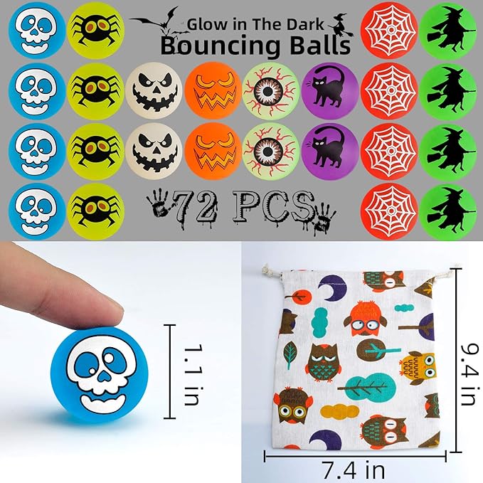 72 Glow in The Dark Bouncing Balls,Halloween Party Favors Supplies, 8 Halloween Theme Designs for School Classroom Game Rewards, Trick or Treating Goodie, Halloween Miniatures/Prizes(with pouch bag)