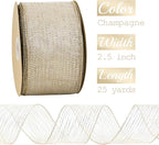MEEDEE Champagne Gold Wired Ribbon - 2.5 Inch Horizontal Stripes Polka Dot Christmas Ribbon Organza Sheer Glitter - 25 Yards for Christmas Tree, Wreath Bow