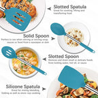 Silicone Spatula Spoon Set, 4 PCS Silicone Cooking Utensils Spatula Spoon Set with Stainless Steel Handle, BPA Free Kitchen Turners for Frying, Mixing, Serving, Draining, Turning, Stirring, Blue