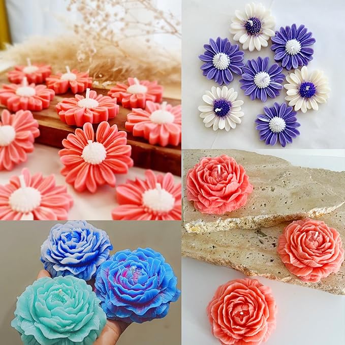 JDH 2PCS Peony Candle Mold Daisy Flower Silicone Molds,3D Flower Fondant Mold for DIY Epoxy Resin Casting Handmade Soap Ice Epoxy Resin Concrete Valentine's Day Mother's Day