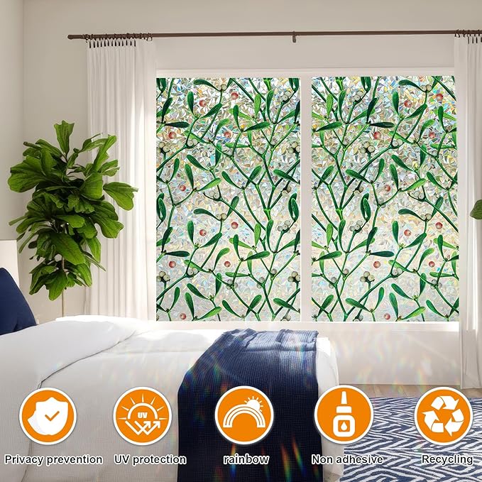 Window Privacy Film Stain Glass Window Film Rainbow Window Film Window clings Non-Adhesive Reusable Decorative for Room (Mistletoe Rainbow, 17.5 x 78.7 in)