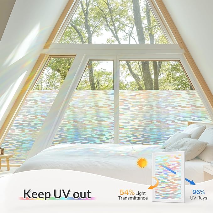 rabbitgoo Window Privacy Film with Installation Tools, Stained Glass Window Film Rainbow Prism Decorative Glass Clings for Home Decor, Static Cling Covering Sun Blocking, 17.5" x 78.7"